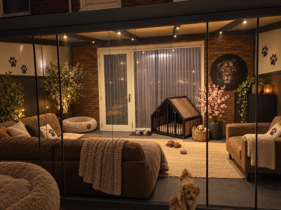 De huiselijke hondenkamer bij avond
