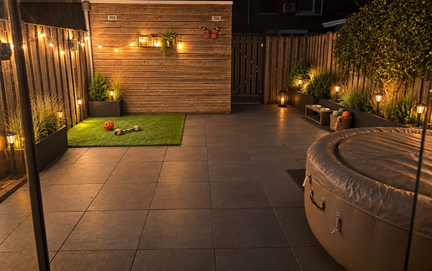 De tuin met speelplek voor de honden