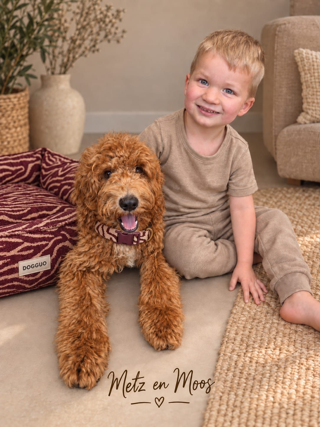 Hondje met een klein jongetje op het kleed
